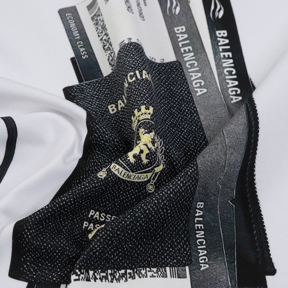 BALENCIAGA Passport Graphic White Ink Print T-Shirt (XS–L)