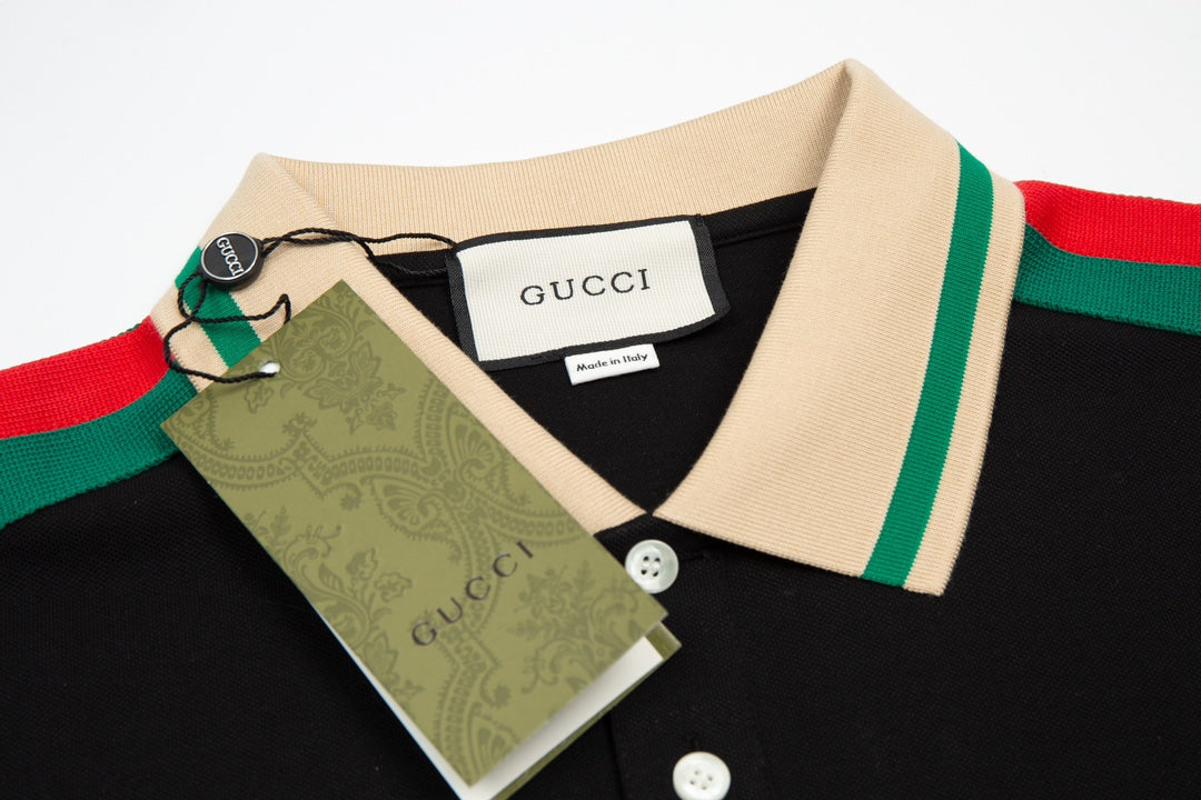 GUCCI 2025 New Season Polo Shirt – GG Embroidery Pocket, Contrast Collar, Black (M–3XL)