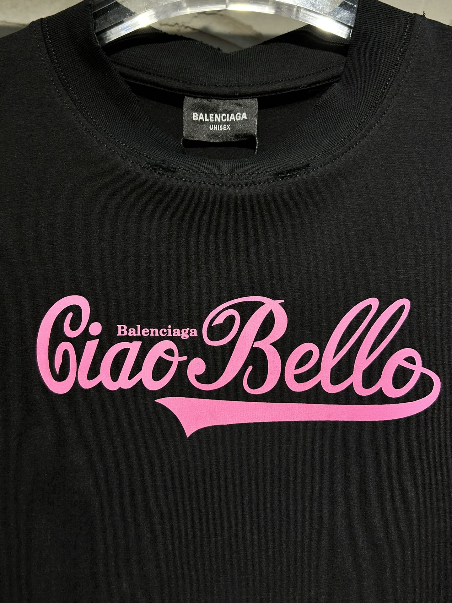 BALENCIAGA BLCG Women’s “CIAO HELLO” Distressed Print T-Shirt – Black (Size 1–3)