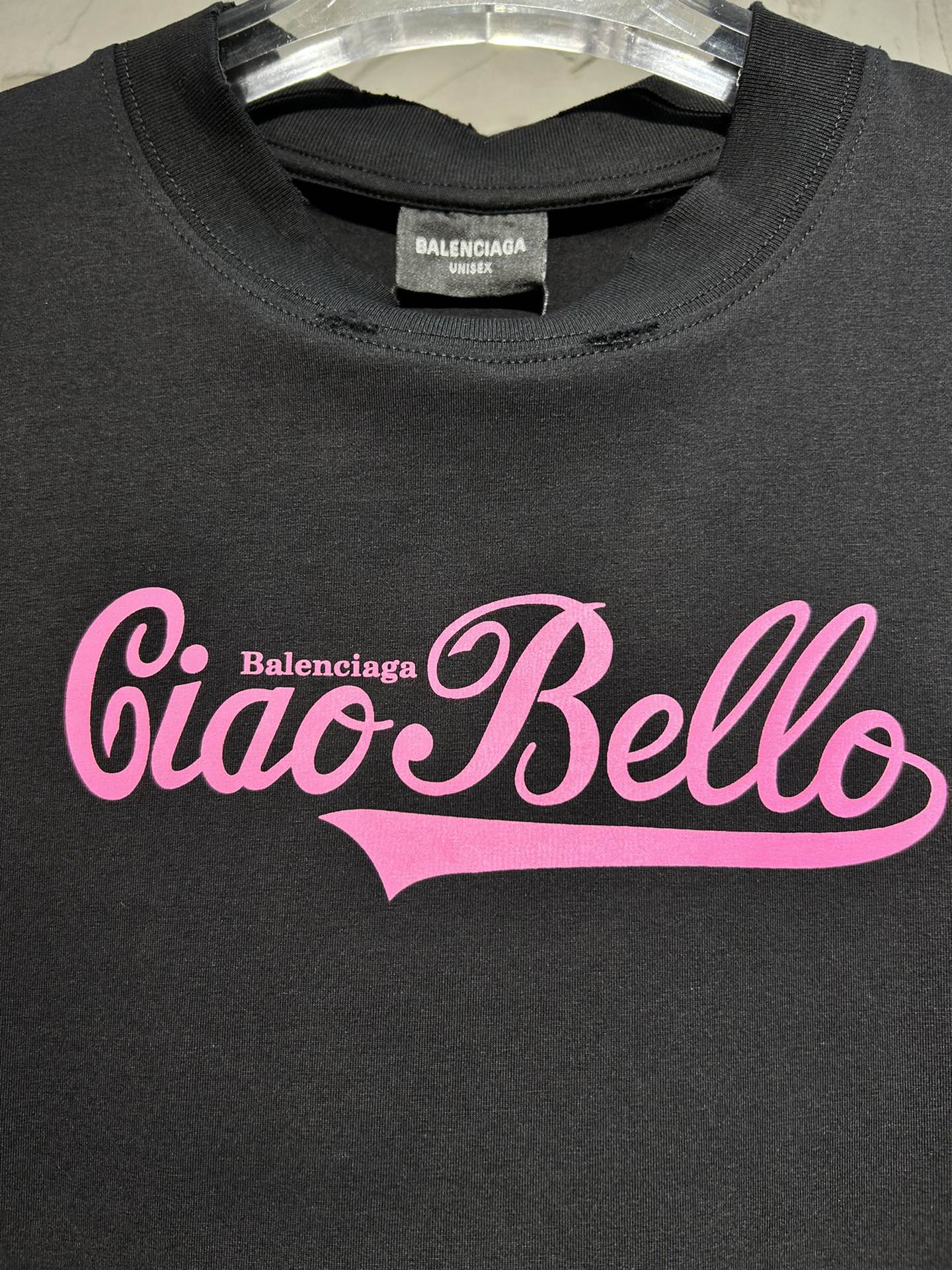 BALENCIAGA BLCG Women’s “CIAO HELLO” Distressed Print T-Shirt – Black (Size 1–3)