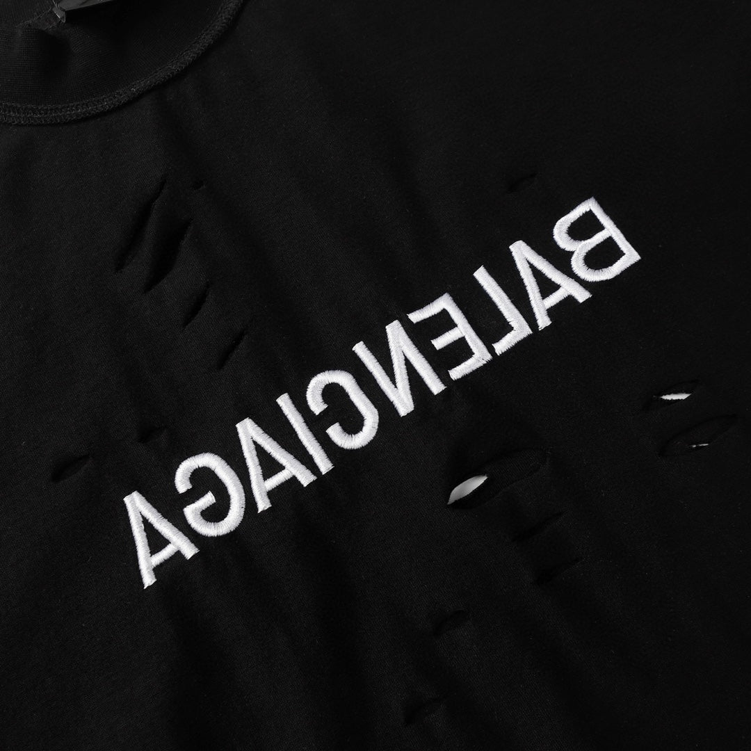BALENCIAGA Distressed “Inverted Logo” Embroidered Oversized T-Shirt – Black/White (Size 1–4)