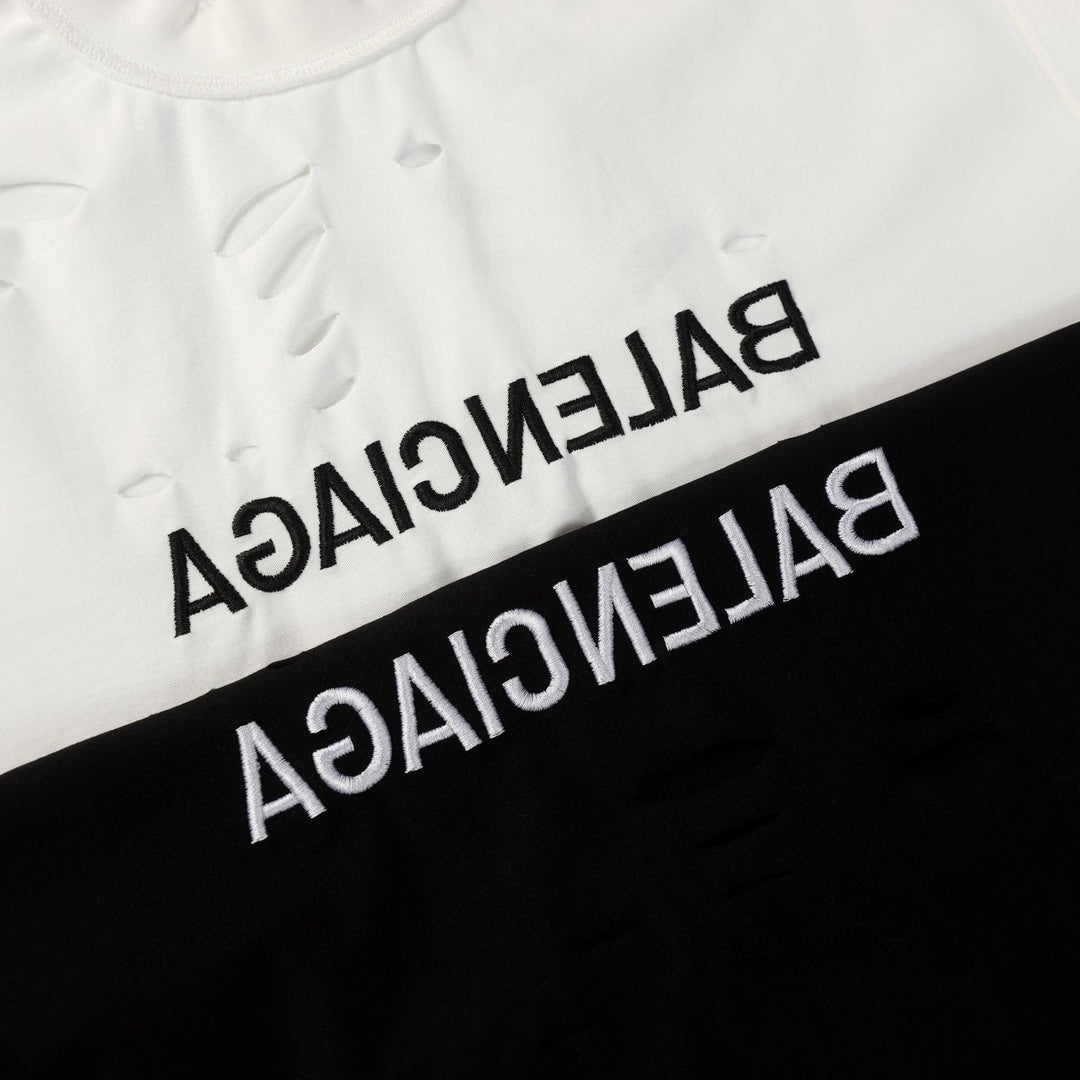 BALENCIAGA Distressed “Inverted Logo” Embroidered Oversized T-Shirt – Black/White (Size 1–4)