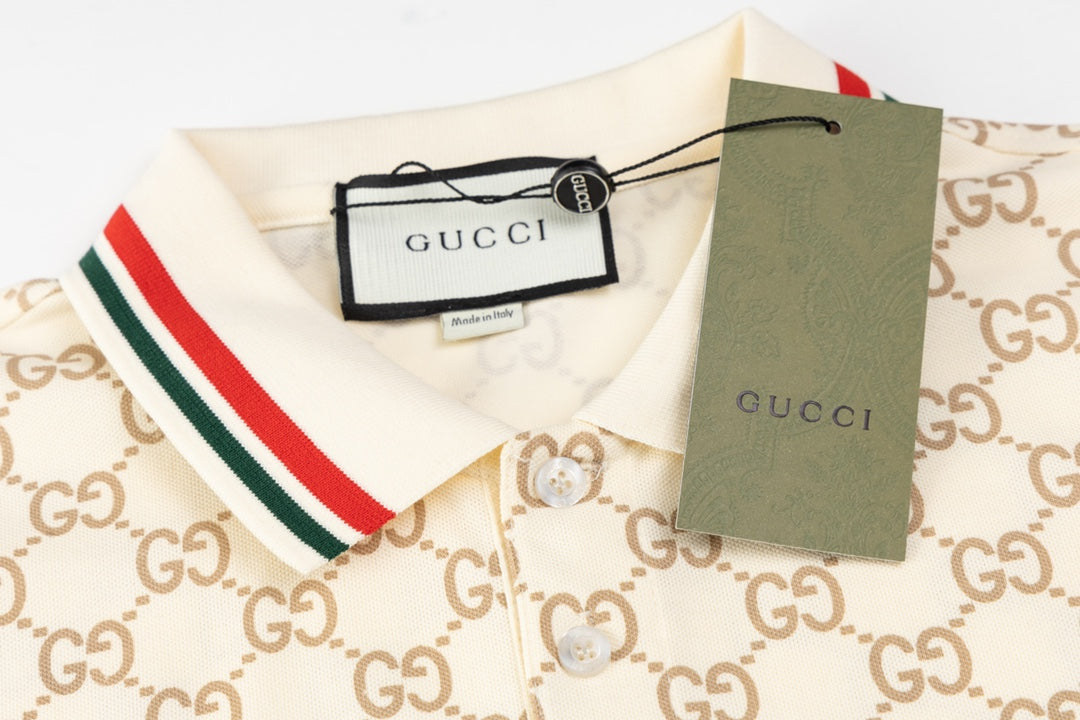 GUCCI 2024 Spring/Summer Double-G Monogram Stripe Panel Retro-Inspired Polo Shirt White M-3XL