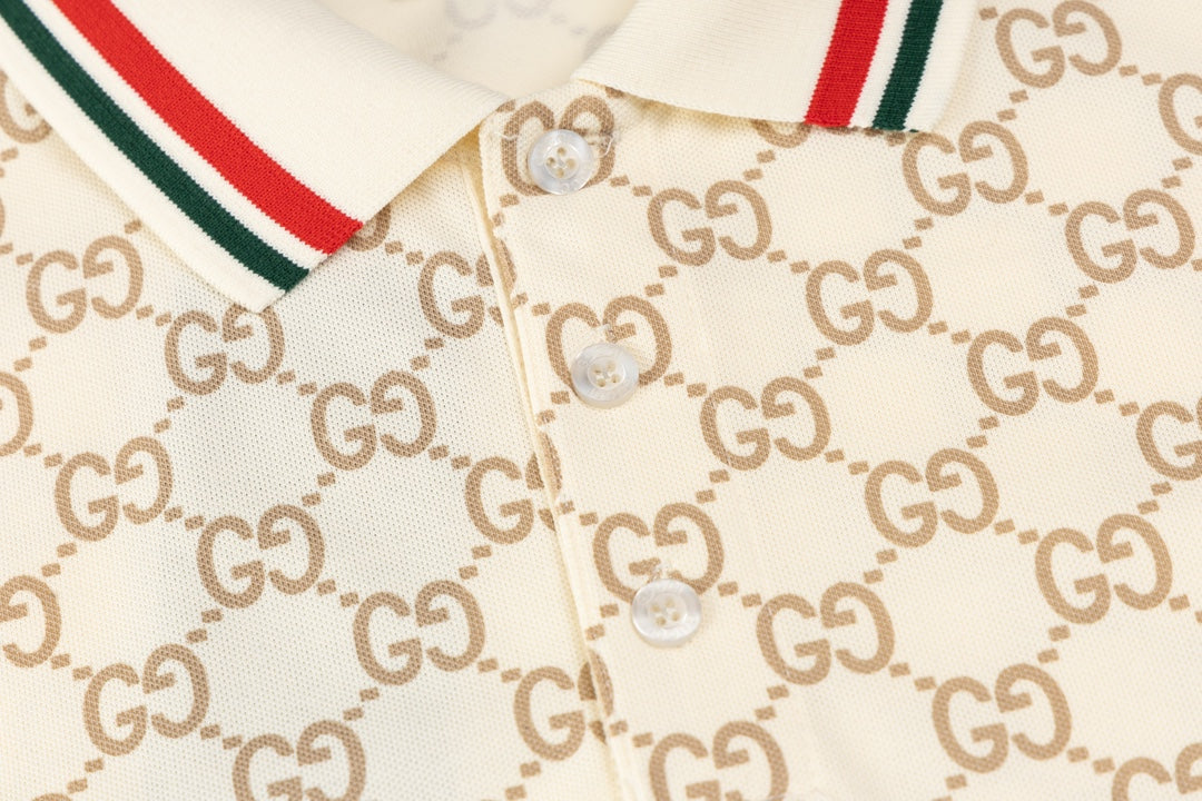 GUCCI 2024 Spring/Summer Double-G Monogram Stripe Panel Retro-Inspired Polo Shirt White M-3XL