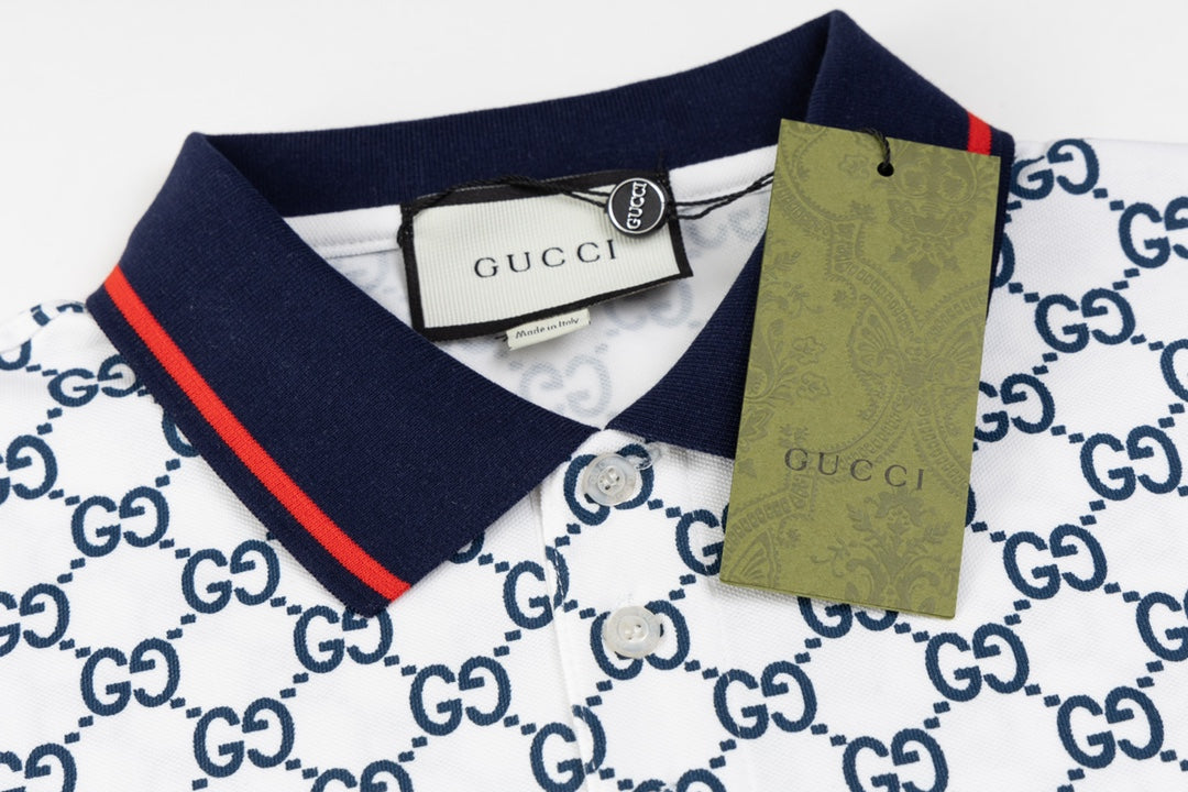 GUCCI 2024 Spring/Summer Double-G Monogram Stripe Panel Retro-Inspired Polo Shirt White M-3XL