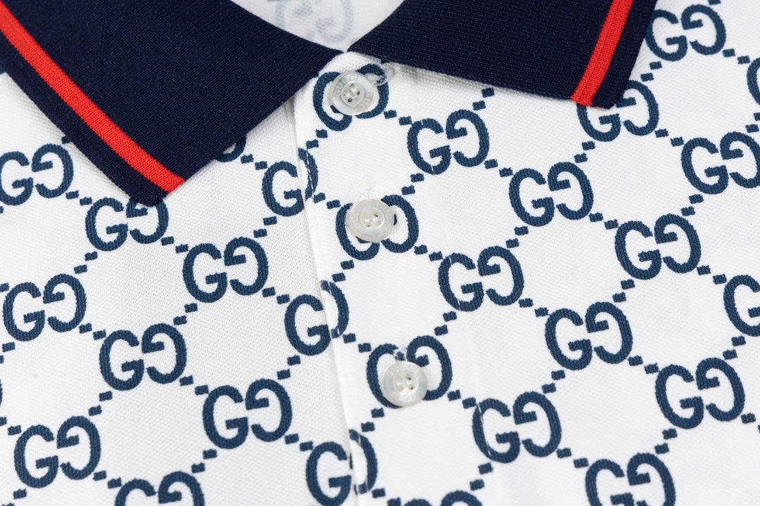GUCCI 2024 Spring/Summer Double-G Monogram Stripe Panel Retro-Inspired Polo Shirt White M-3XL