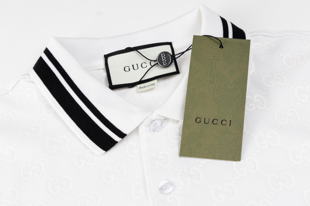 GUCCI 2024 Spring/Summer Double-G Monogram Stripe Panel Retro-Inspired Polo Shirt White M-3XL