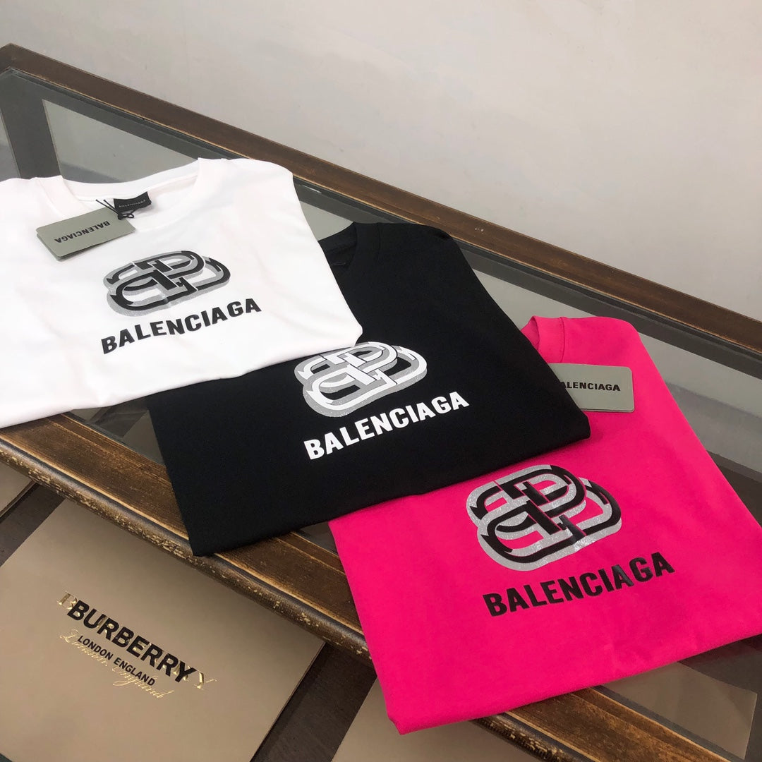 BALENCIAGA 25SS Logo Print Crewneck T-Shirt - Black / White / Rose Red - Unisex - XS / S / M / L