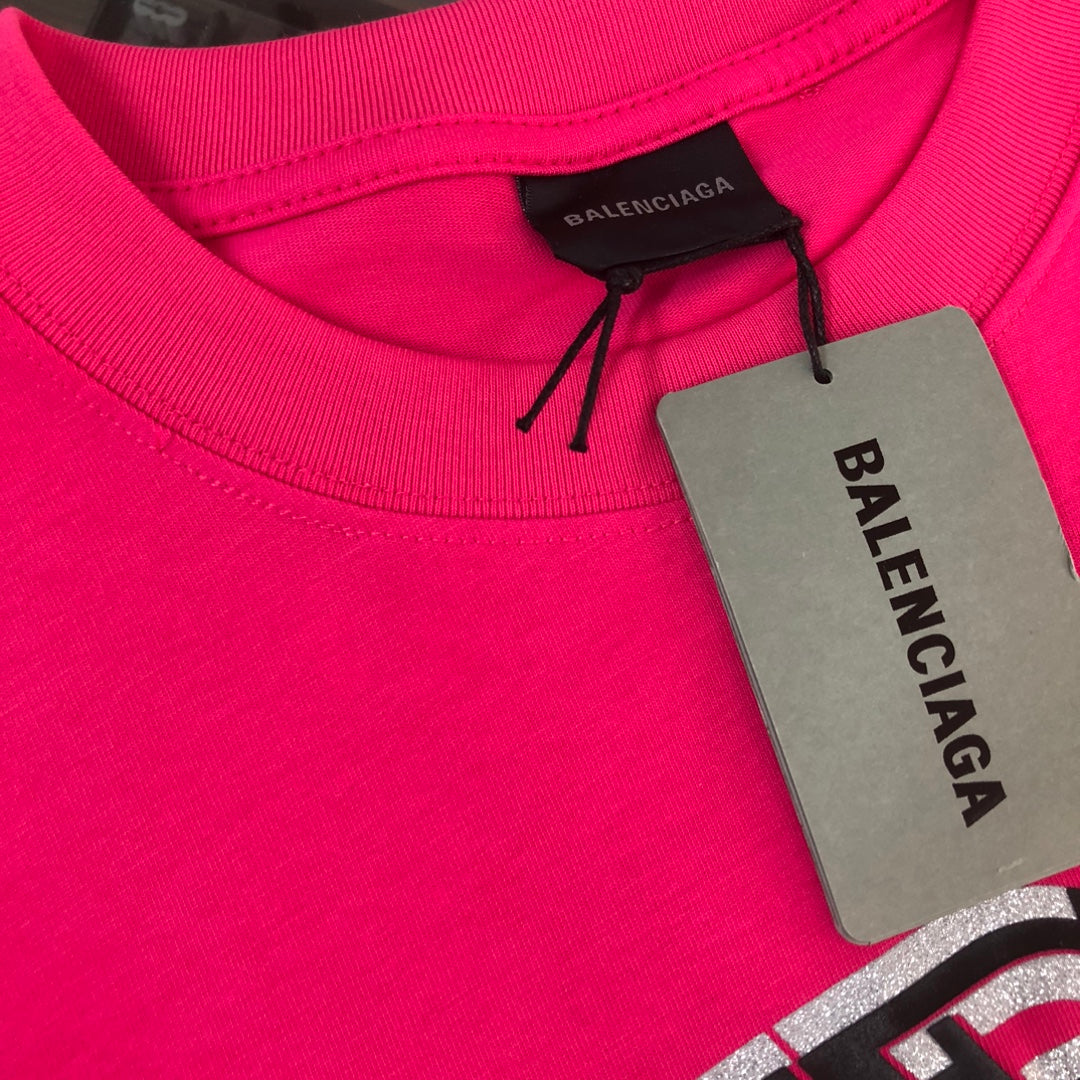 BALENCIAGA 25SS Classic Logo Print Cotton T-Shirt – Black / White / Rose Red – Unisex – XS-L