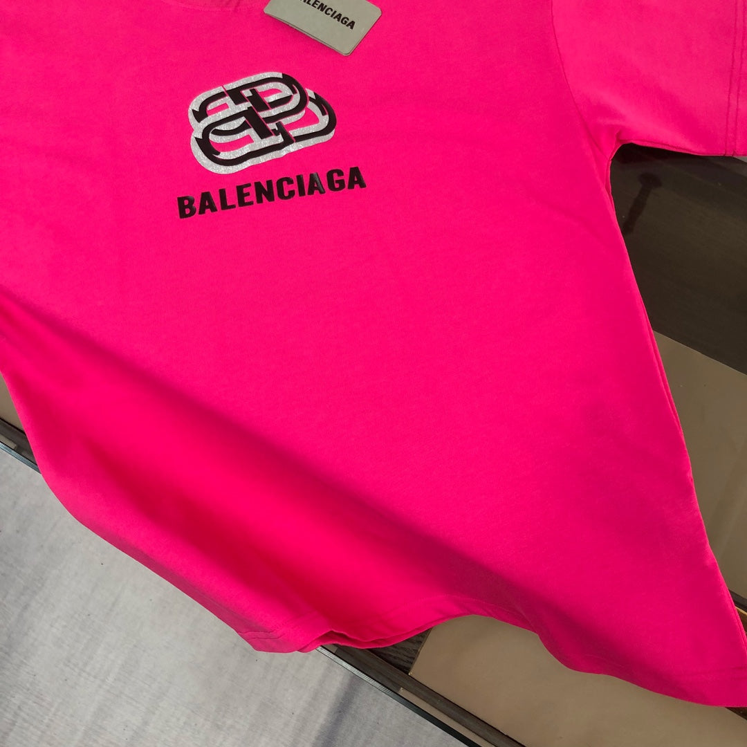 BALENCIAGA 25SS Classic Logo Print Cotton T-Shirt – Black / White / Rose Red – Unisex – XS-L