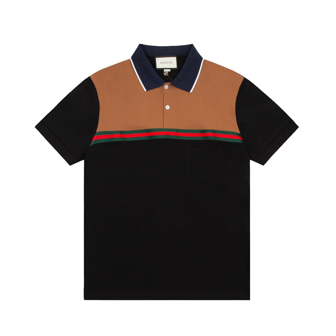 GUCCI 2023 Classic Tricolor Web Stripe Contrast Panel Polo Shirt Black M-3XL