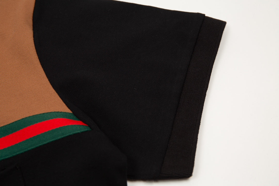 GUCCI 2023 Classic Tricolor Web Stripe Contrast Panel Polo Shirt Black M-3XL