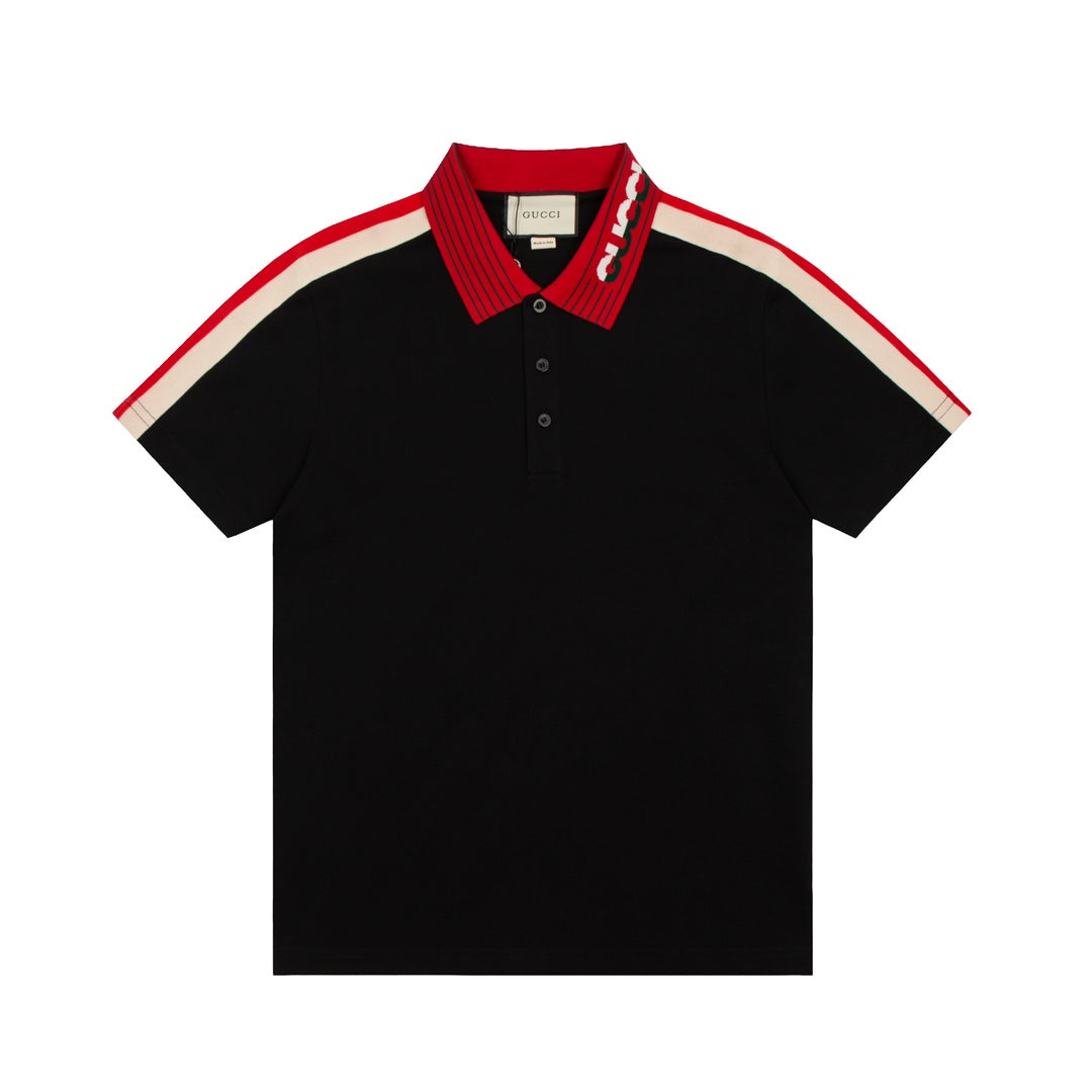 GUCCI 2023 Classic Tricolor Web Stripe Contrast Panel Polo Shirt Black M-3XL