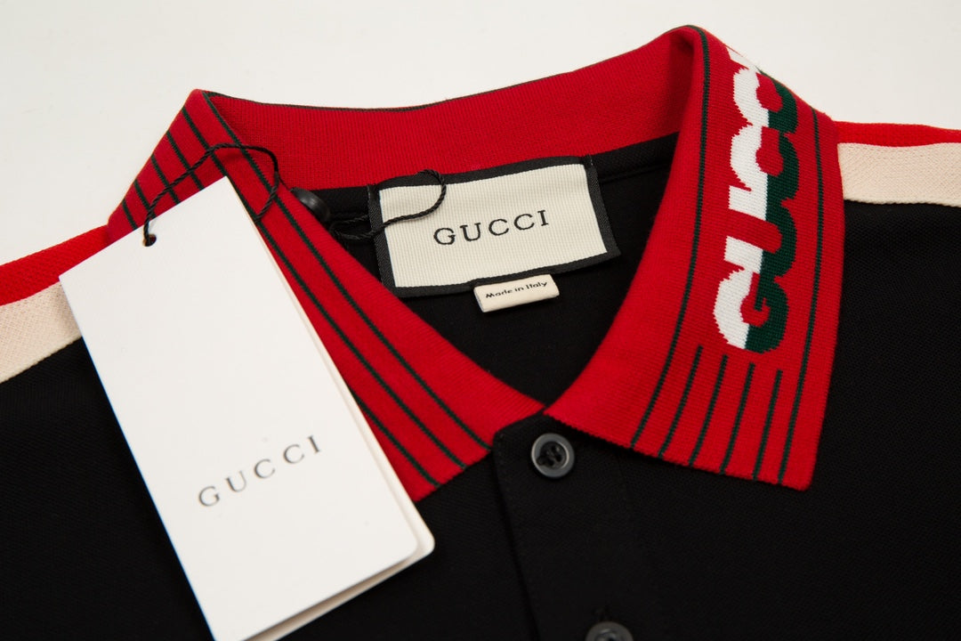 GUCCI 2023 Classic Tricolor Web Stripe Contrast Panel Polo Shirt Black M-3XL