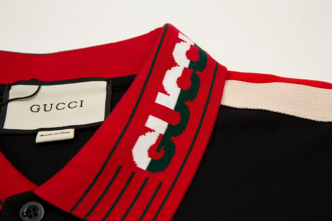 GUCCI 2023 Classic Tricolor Web Stripe Contrast Panel Polo Shirt Black M-3XL