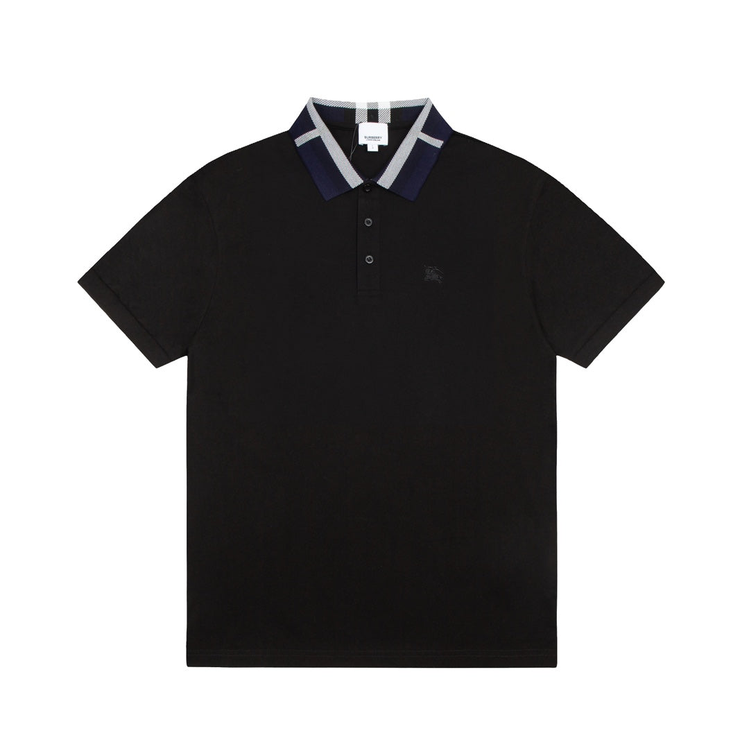 BURBERRY 2024 Spring/Summer Striped Collar Contrast Panel Equestrian Knight Logo Embroidered Polo Shirt Black M-3XL