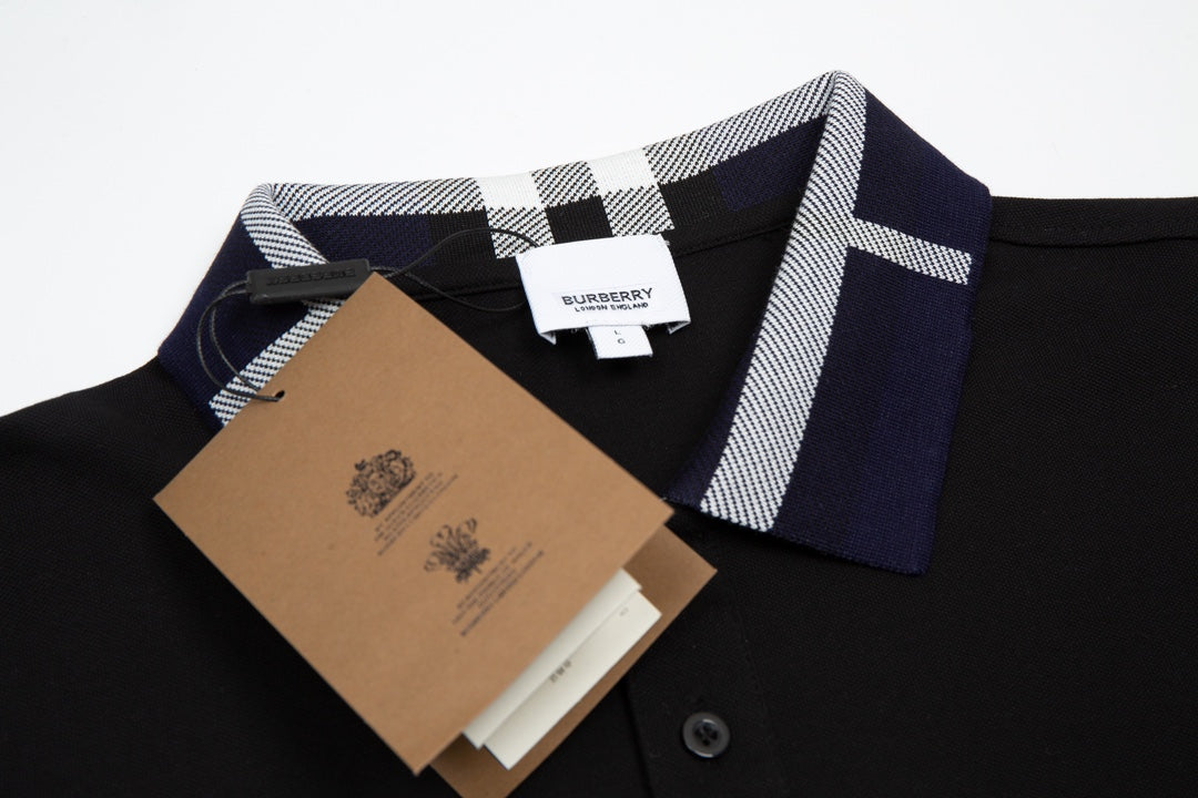 BURBERRY 2024 Spring/Summer Striped Collar Contrast Panel Equestrian Knight Logo Embroidered Polo Shirt Black M-3XL