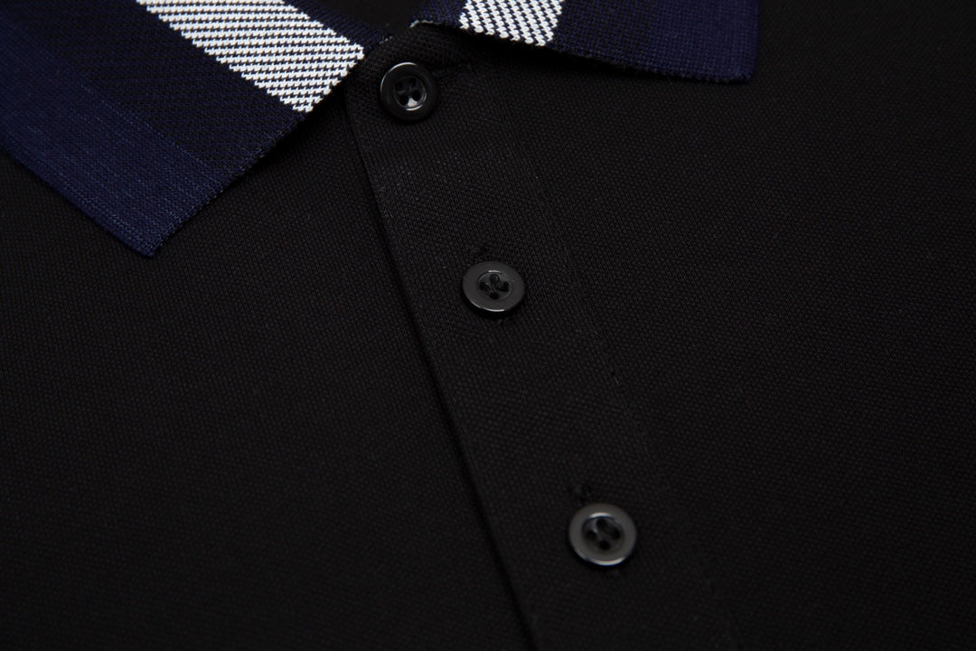BURBERRY 2024 Spring/Summer Striped Collar Contrast Panel Equestrian Knight Logo Embroidered Polo Shirt Black M-3XL