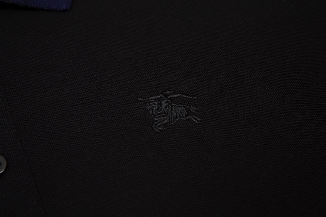BURBERRY 2024 Spring/Summer Striped Collar Contrast Panel Equestrian Knight Logo Embroidered Polo Shirt Black M-3XL