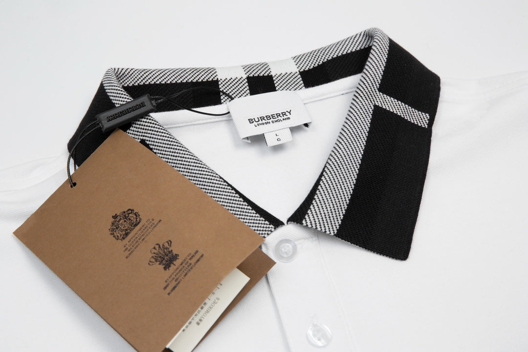 BURBERRY 2024 Spring/Summer Striped Collar Contrast Panel Equestrian Knight Logo Embroidered Polo Shirt Black M-3XL