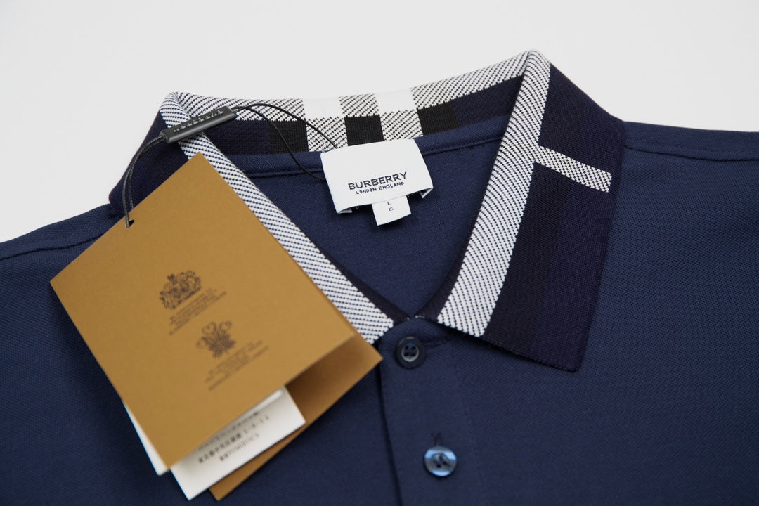 BURBERRY 2024 Spring/Summer Striped Collar Contrast Panel Equestrian Knight Logo Embroidered Polo Shirt Black M-3XL