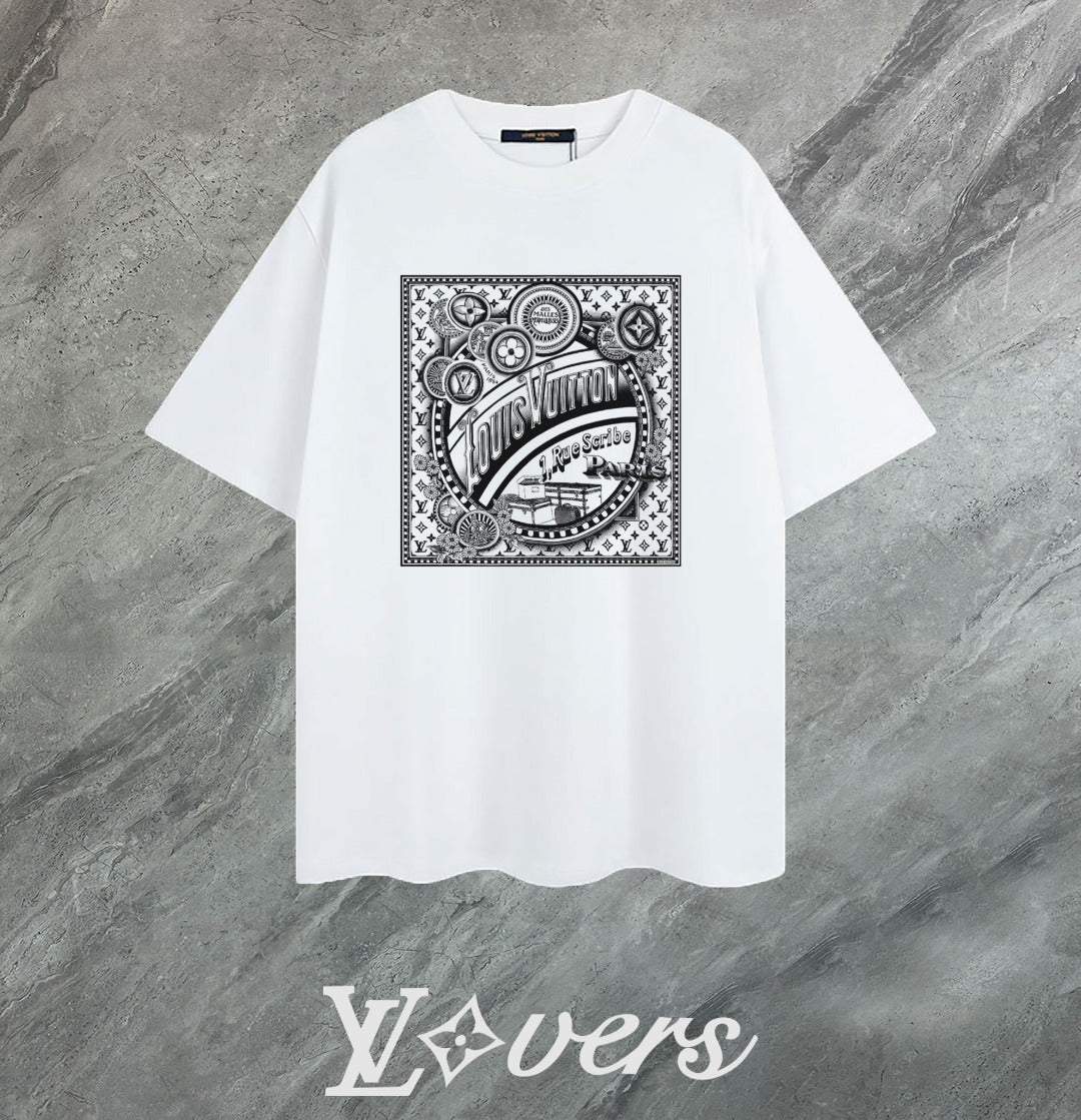 Louis Vuitton 2025 Premium Round Neck T-Shirt with Embroidered Sleeve Logo – Unisex Casual Tee (S-2XL, Black/White/Beige)