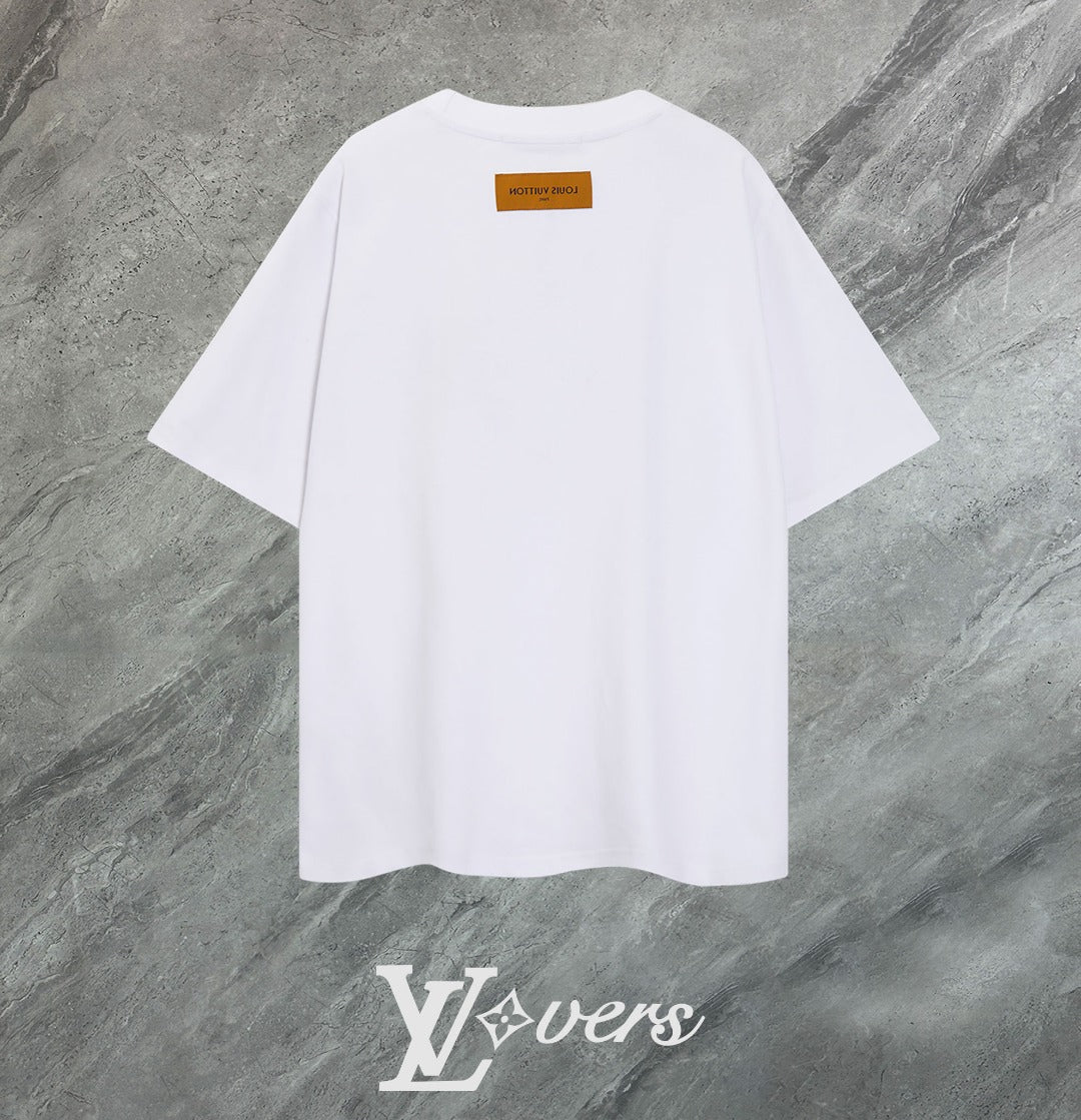 Louis Vuitton 2025 Premium Round Neck T-Shirt with Embroidered Sleeve Logo – Unisex Casual Tee (S-2XL, Black/White/Beige)