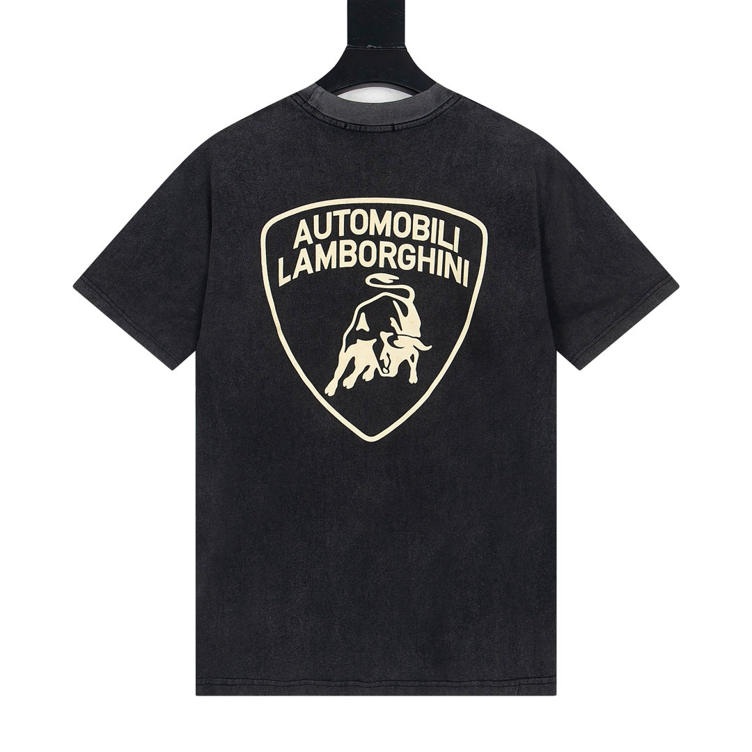BALENCIAGA Y804 Lamborghini Logo Print Distressed T-Shirt – Washed Black – Unisex – XS-L