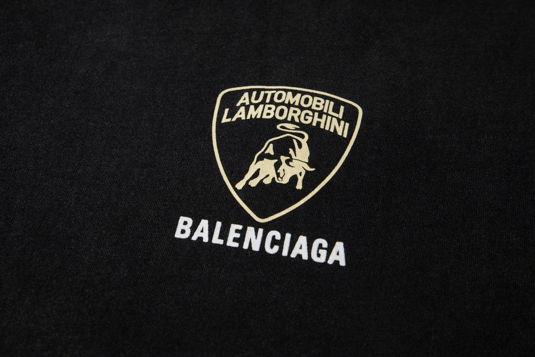 BALENCIAGA Y804 Lamborghini Logo Print Distressed T-Shirt – Washed Black – Unisex – XS-L