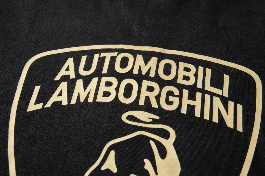 BALENCIAGA Y804 Lamborghini Logo Print Distressed T-Shirt – Washed Black – Unisex – XS-L