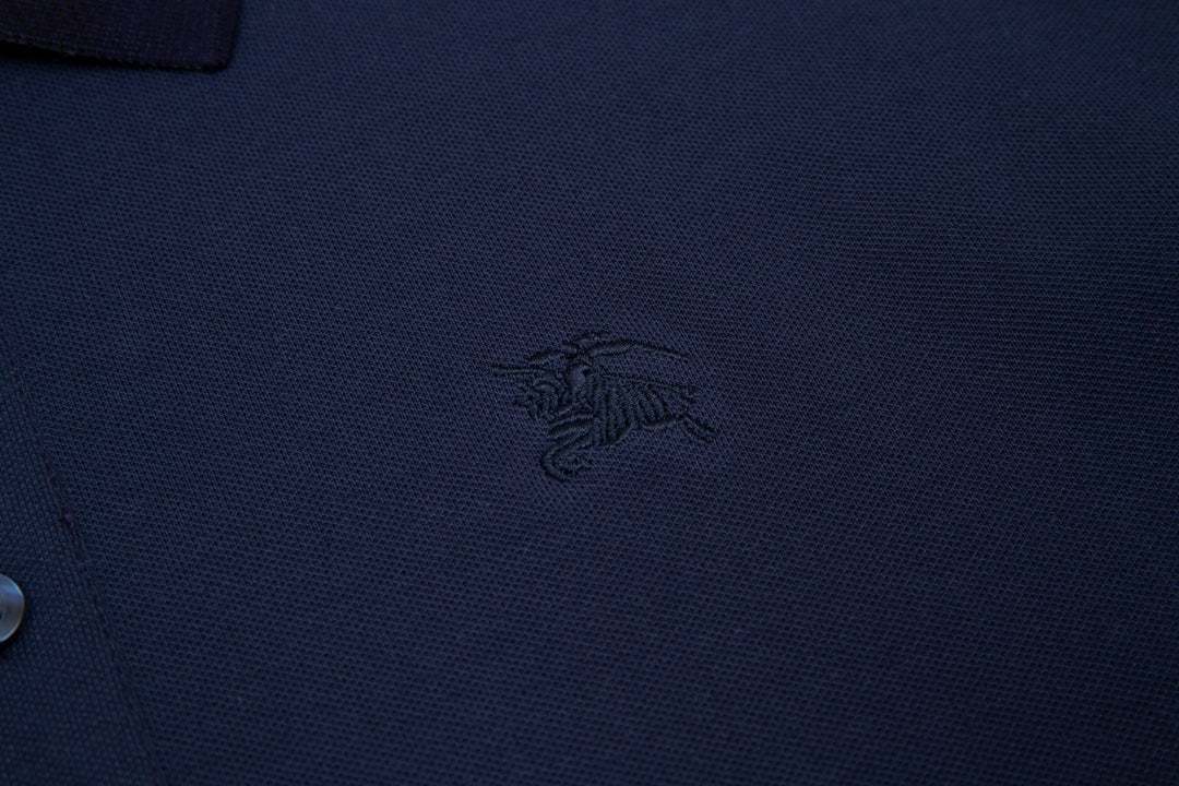 BURBERRY Men’s Striped Collar Contrast Polo Shirt with Equestrian Knight Embroidery – Royal Blue | Sizes M–3XL