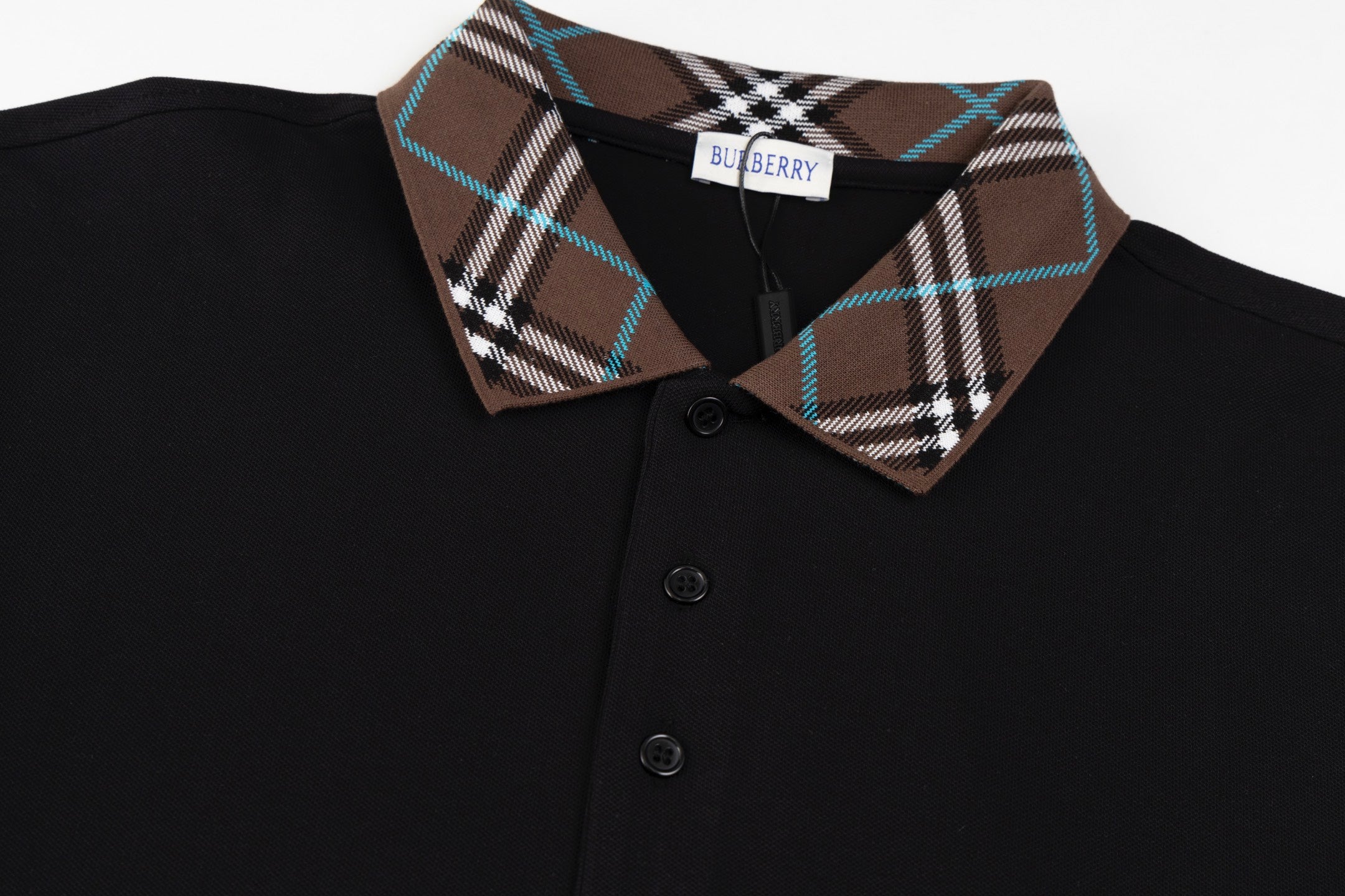 BURBERRY Men’s Contrast Collar Stripe Polo Shirt with Logo Embroidery – Black | Sizes M–3XL