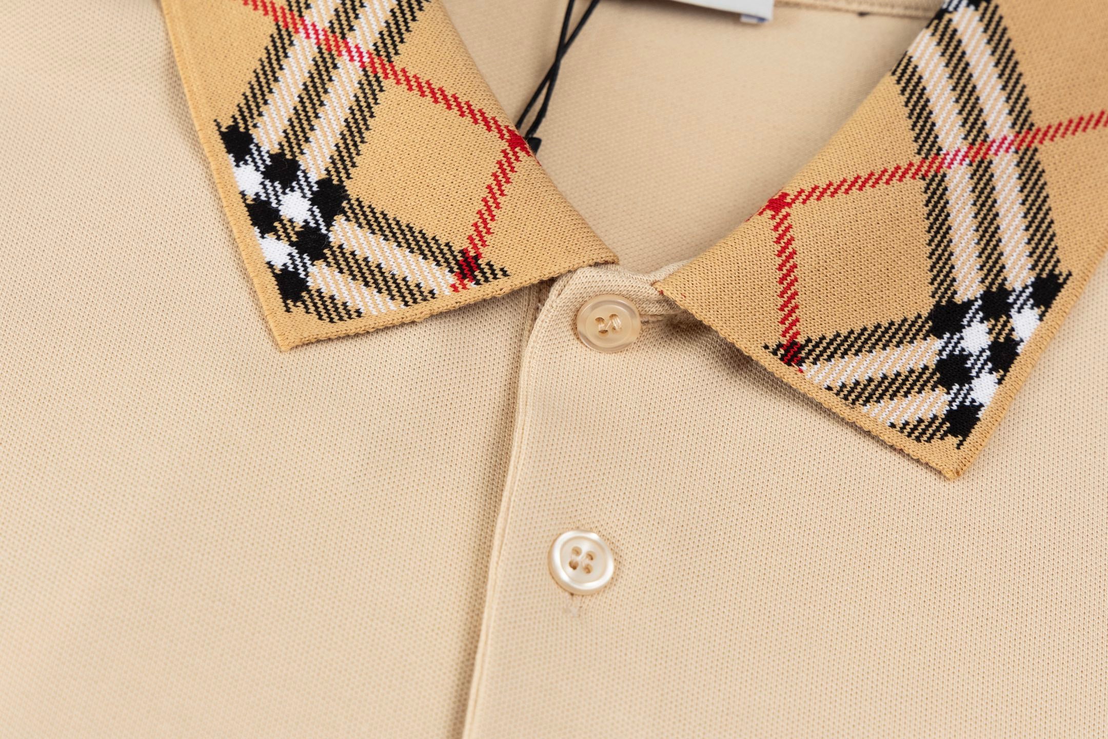 BURBERRY Men’s Contrast Stripe Collar Polo Shirt with Logo Embroidery – Apricot | Sizes M–3XL