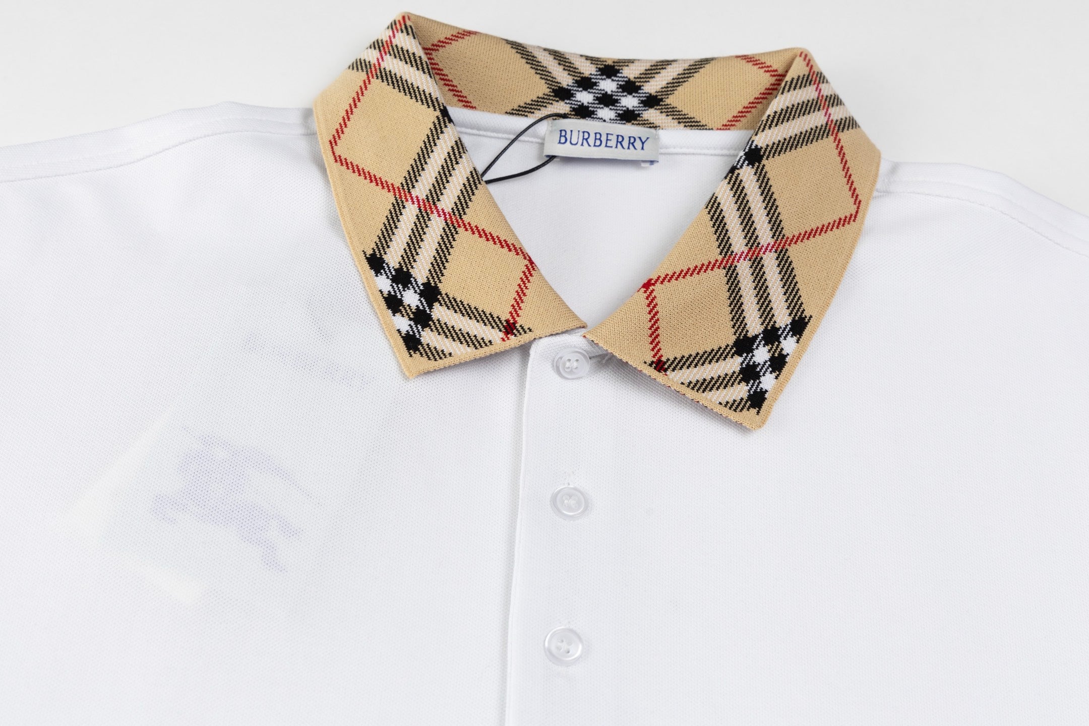 BURBERRY Men’s Contrast Stripe Collar Polo Shirt with Logo Embroidery – Apricot | Sizes M–3XL