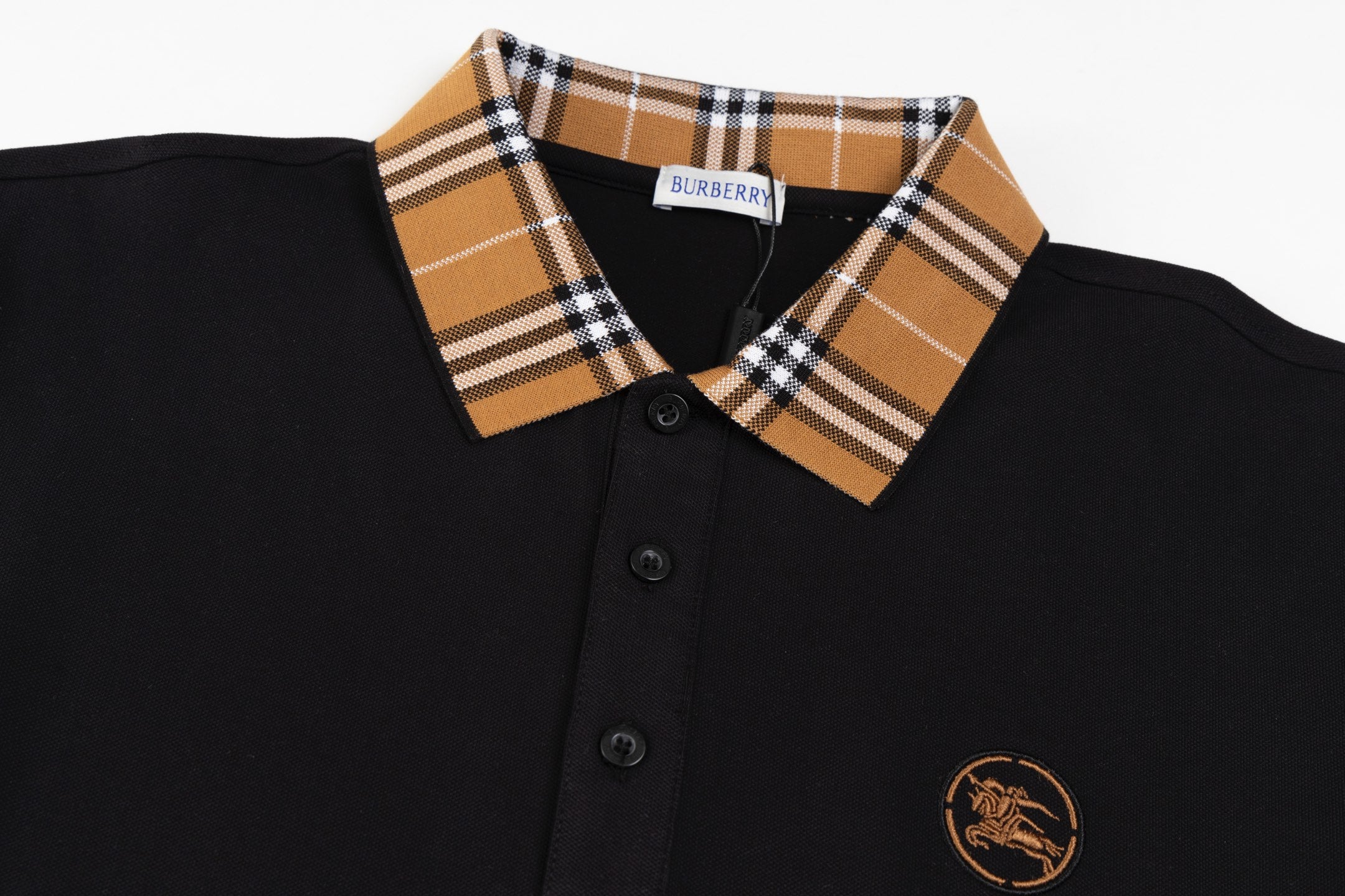 BURBERRY Men’s Contrast Stripe Collar Polo Shirt with Logo Embroidery – Apricot | Sizes M–3XL