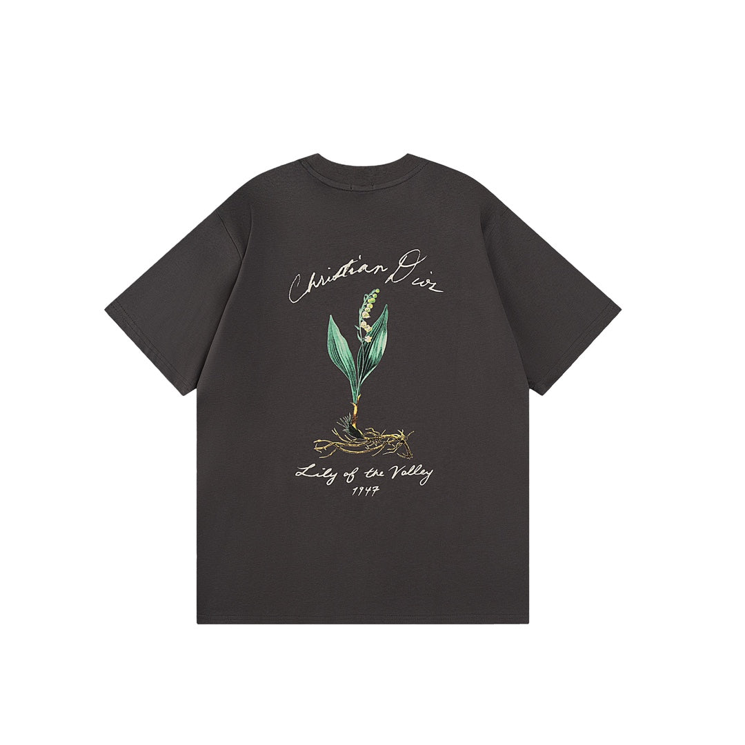 DIOR 2024SS Script Logo & Lily-of-the-Valley Flocked Print T-Shirt | Premium Cotton | Sizes XS–L