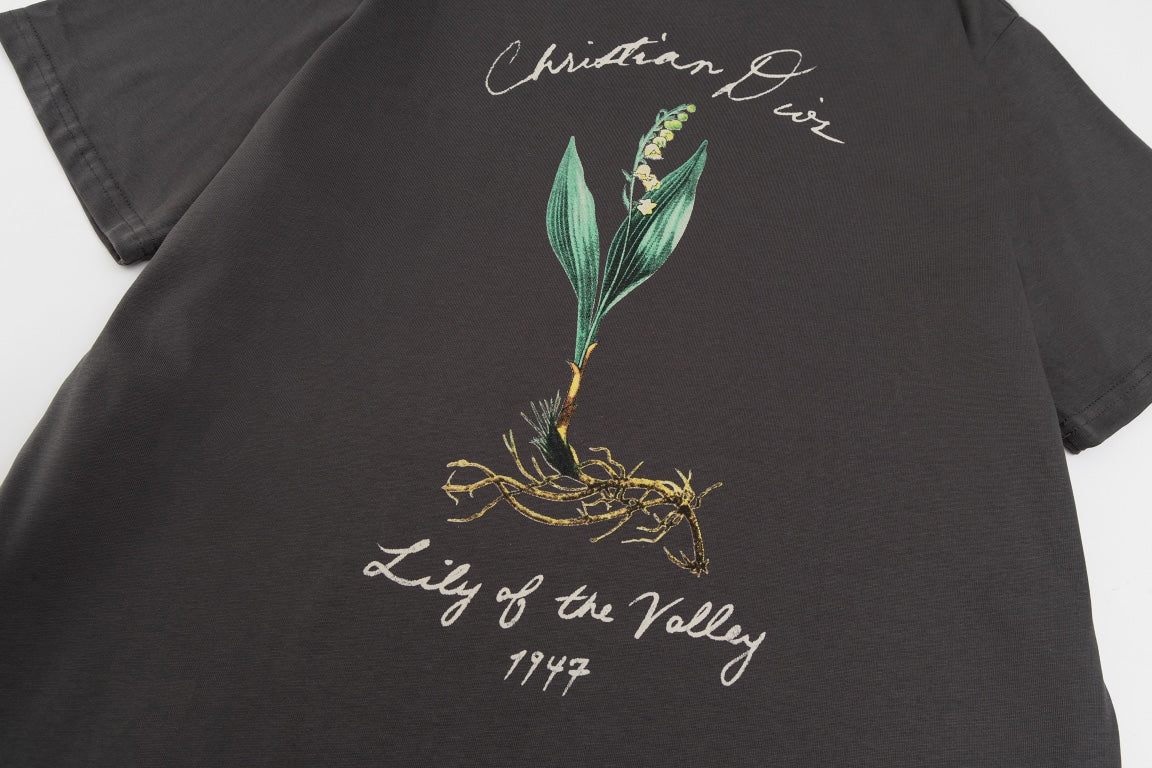 DIOR 2024SS Script Logo & Lily-of-the-Valley Flocked Print T-Shirt | Premium Cotton | Sizes XS–L