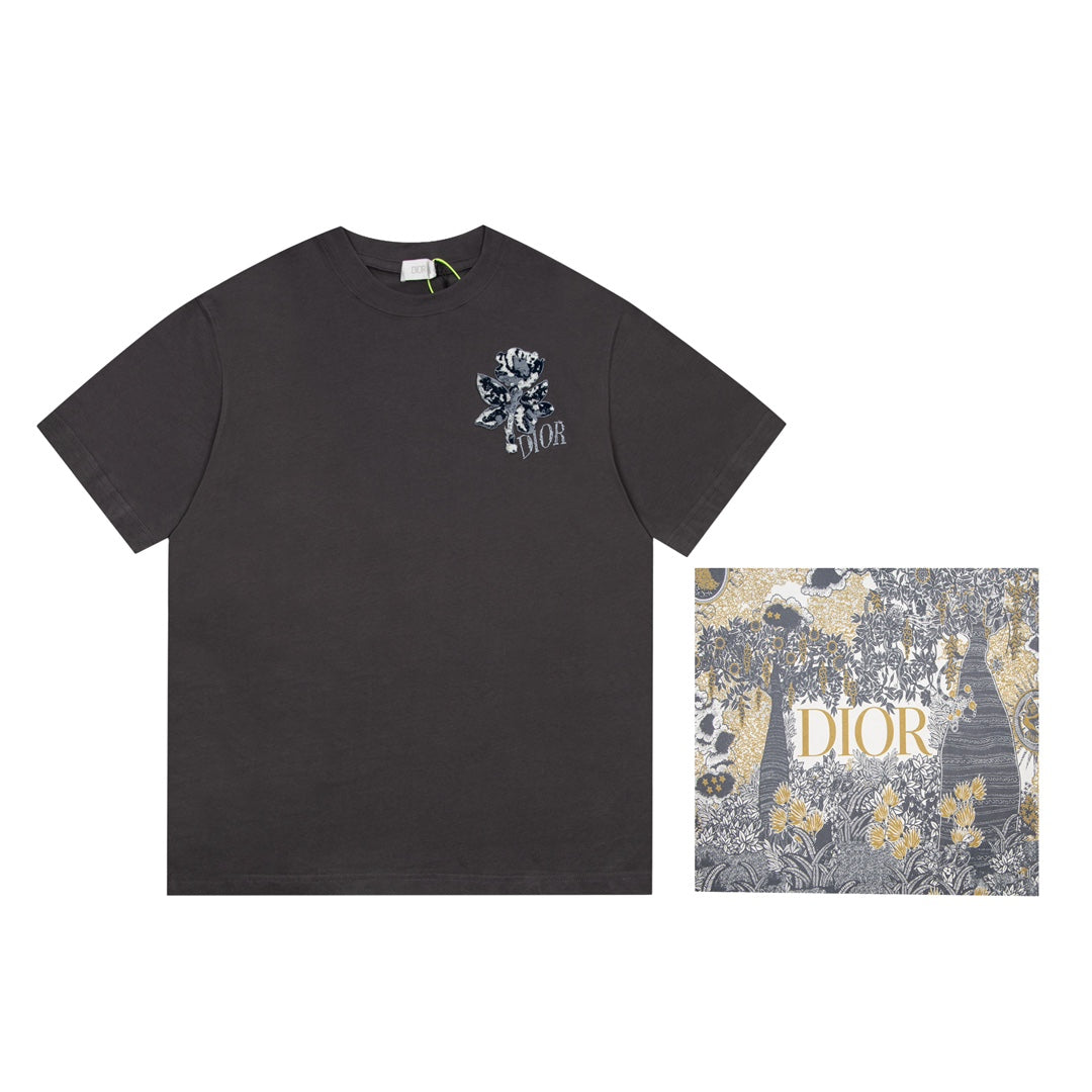 DIOR x Alex Foxton 2021 Early Spring Limited Edition Rose Flocked Embroidery T-Shirt | Gift Box A17 | XS–L | Unisex | Dark Gray