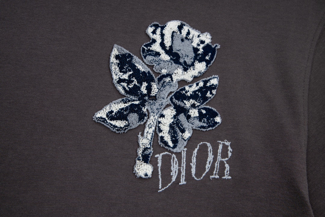 DIOR x Alex Foxton 2021 Early Spring Limited Edition Rose Flocked Embroidery T-Shirt | Gift Box A17 | XS–L | Unisex | Dark Gray