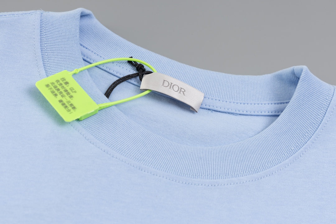 DIOR Embroidered Fluorescent Letter T-Shirt | Gift Box J15 | XS–L | Unisex | Light Blue