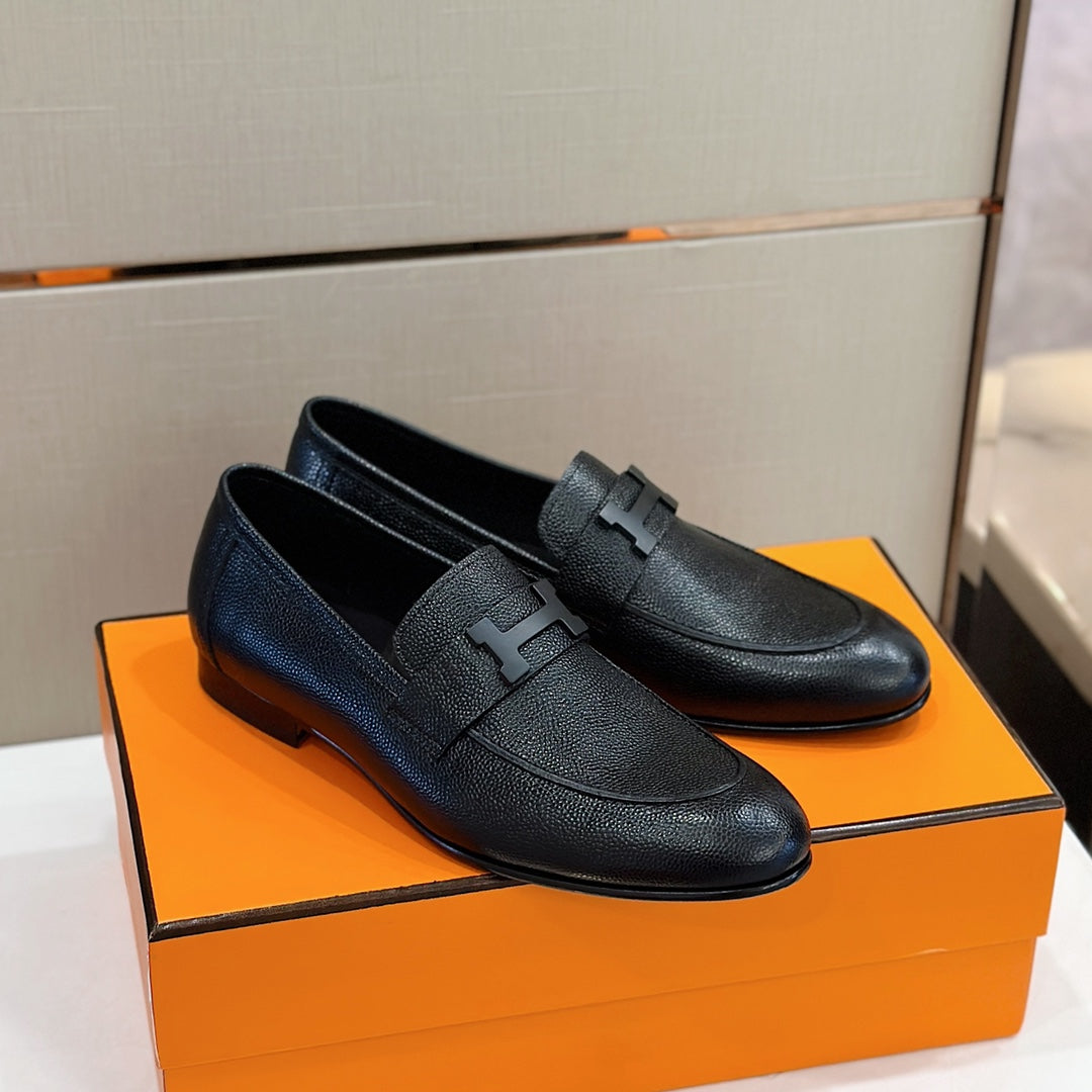 Hermès Loafers – Double H Buckle, Handmade Genuine Leather Sole, Elegant Gentleman Style