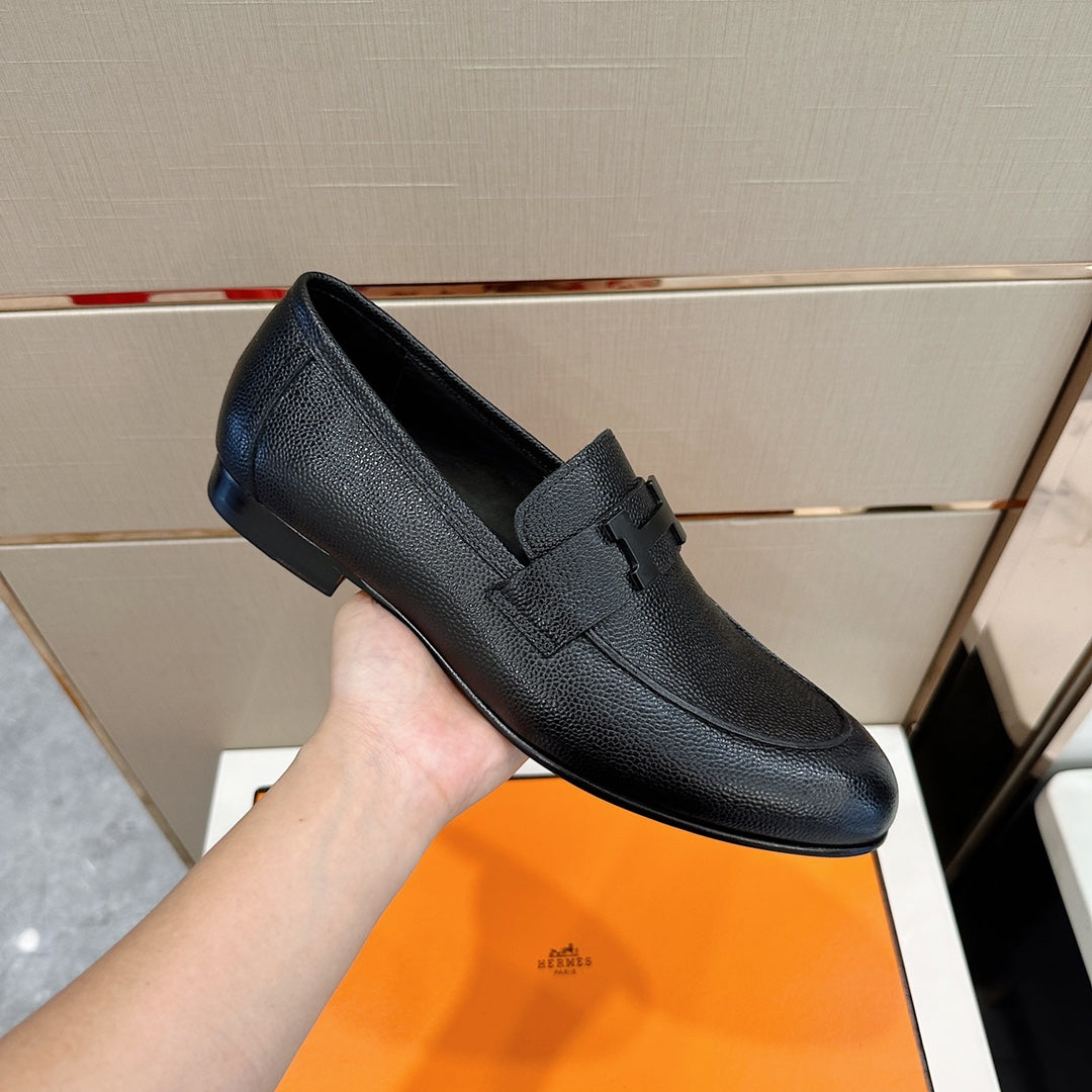 Hermès Loafers – Double H Buckle, Handmade Genuine Leather Sole, Elegant Gentleman Style