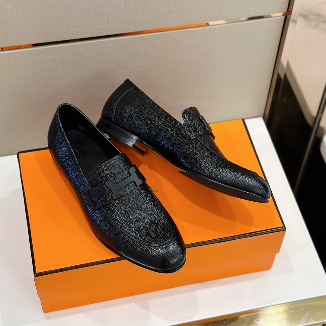 Hermès Loafers – Double H Buckle, Handmade Genuine Leather Sole, Elegant Gentleman Style