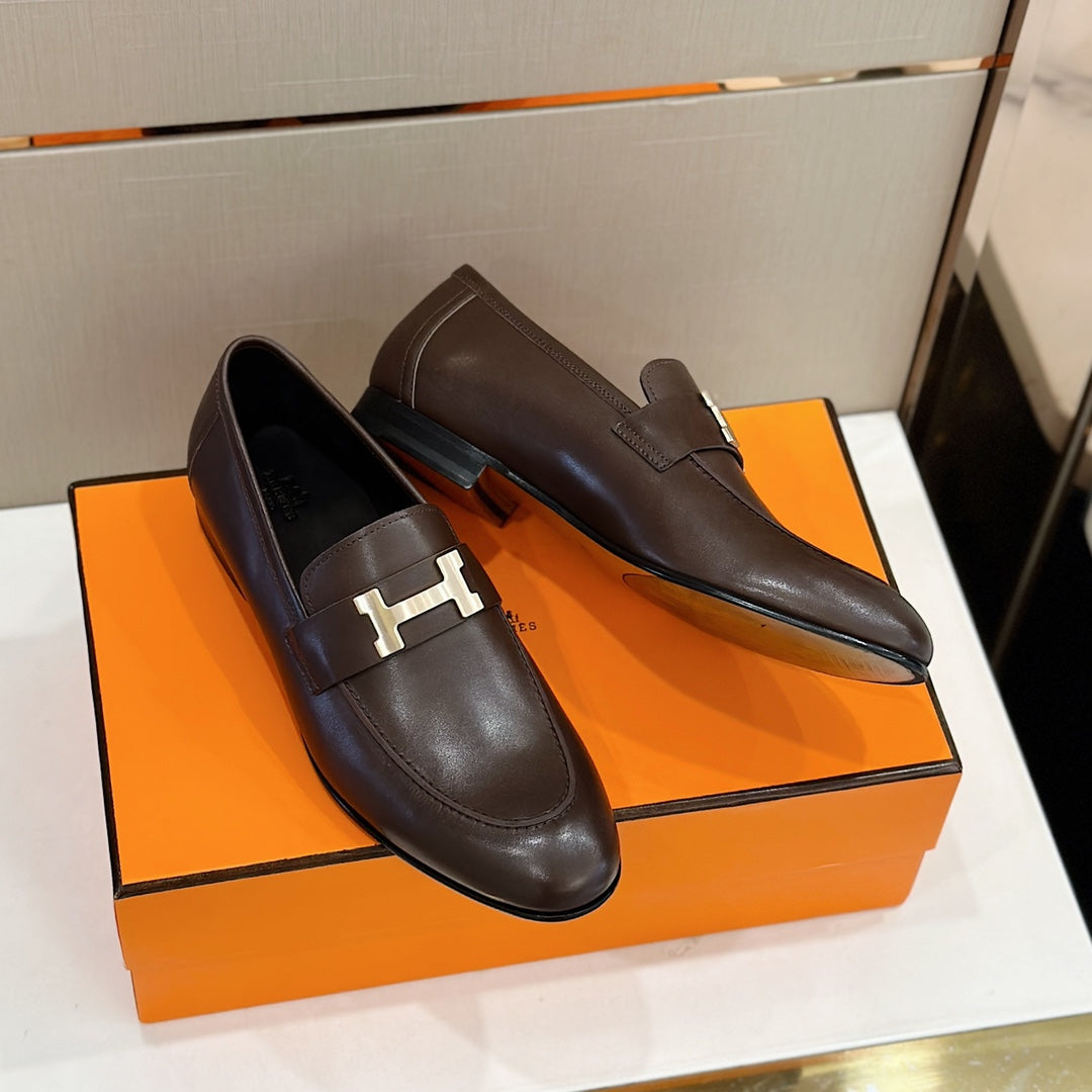 Hermès Loafers – Double H Buckle, Handmade Genuine Leather Sole, Elegant Gentleman Style