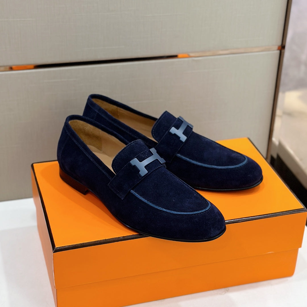 Hermès Loafers – Double H Buckle, Handmade Genuine Leather Sole, Elegant Gentleman Style