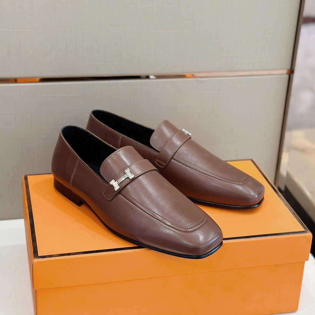 Hermès Loafers – Double H Buckle, Handmade Genuine Leather Sole, Elegant Gentleman Style