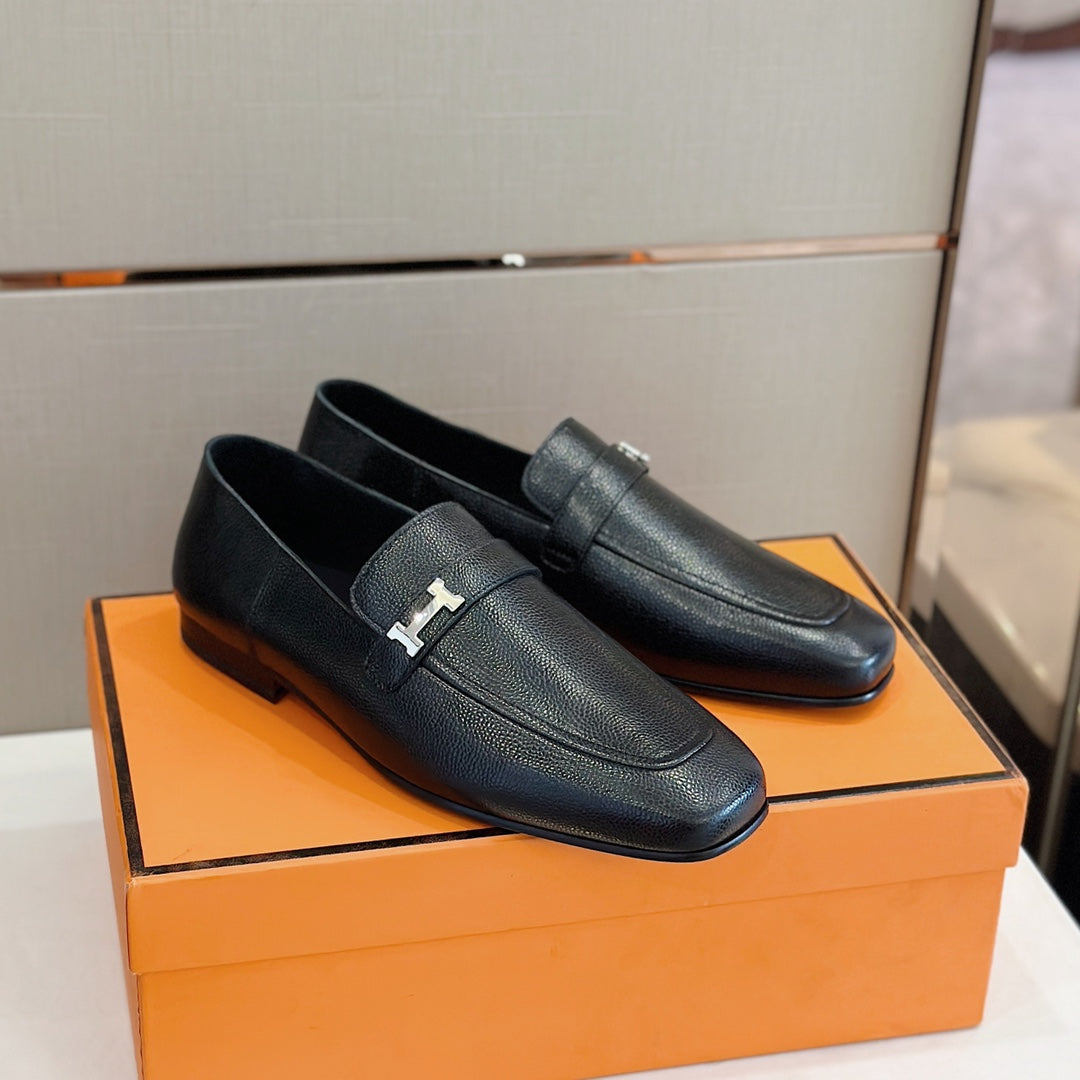 Hermès Loafers – Double H Buckle, Handmade Genuine Leather Sole, Elegant Gentleman Style