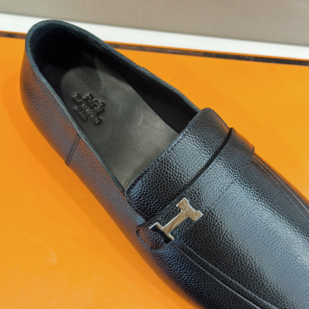 Hermès Loafers – Double H Buckle, Handmade Genuine Leather Sole, Elegant Gentleman Style