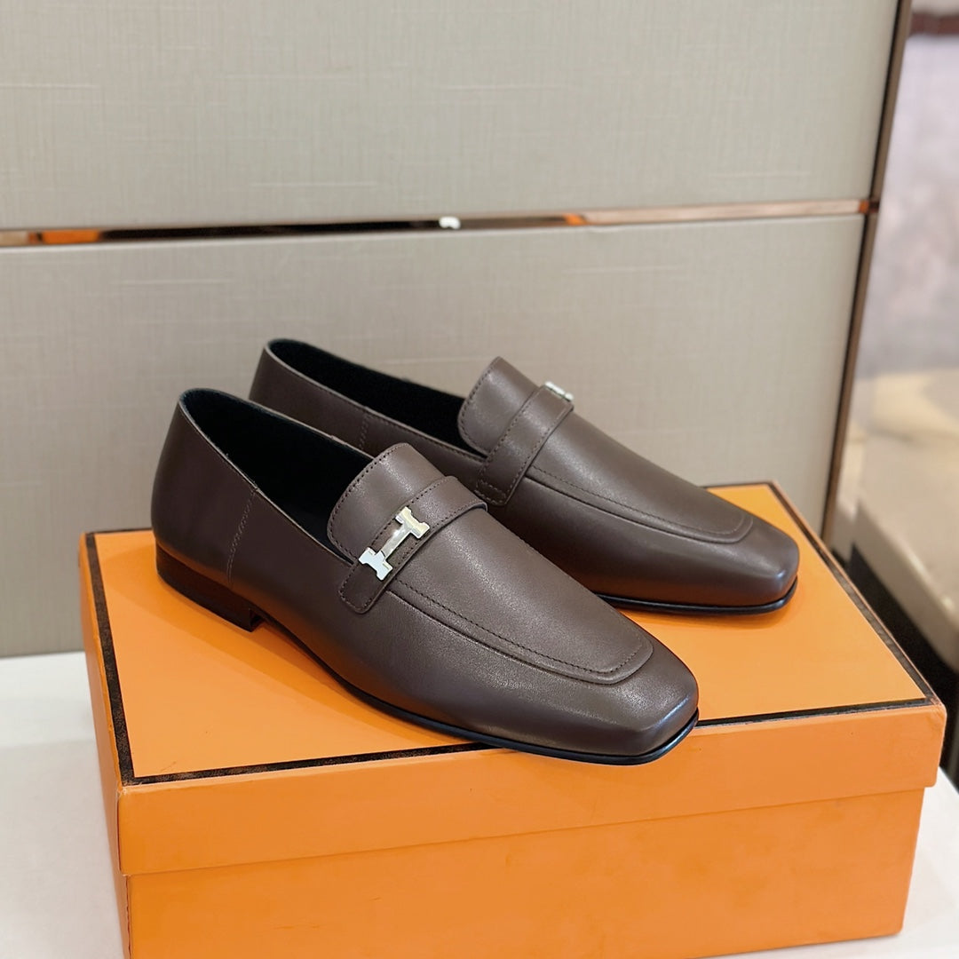 Hermès Loafers – Double H Buckle, Handmade Genuine Leather Sole, Elegant Gentleman Style