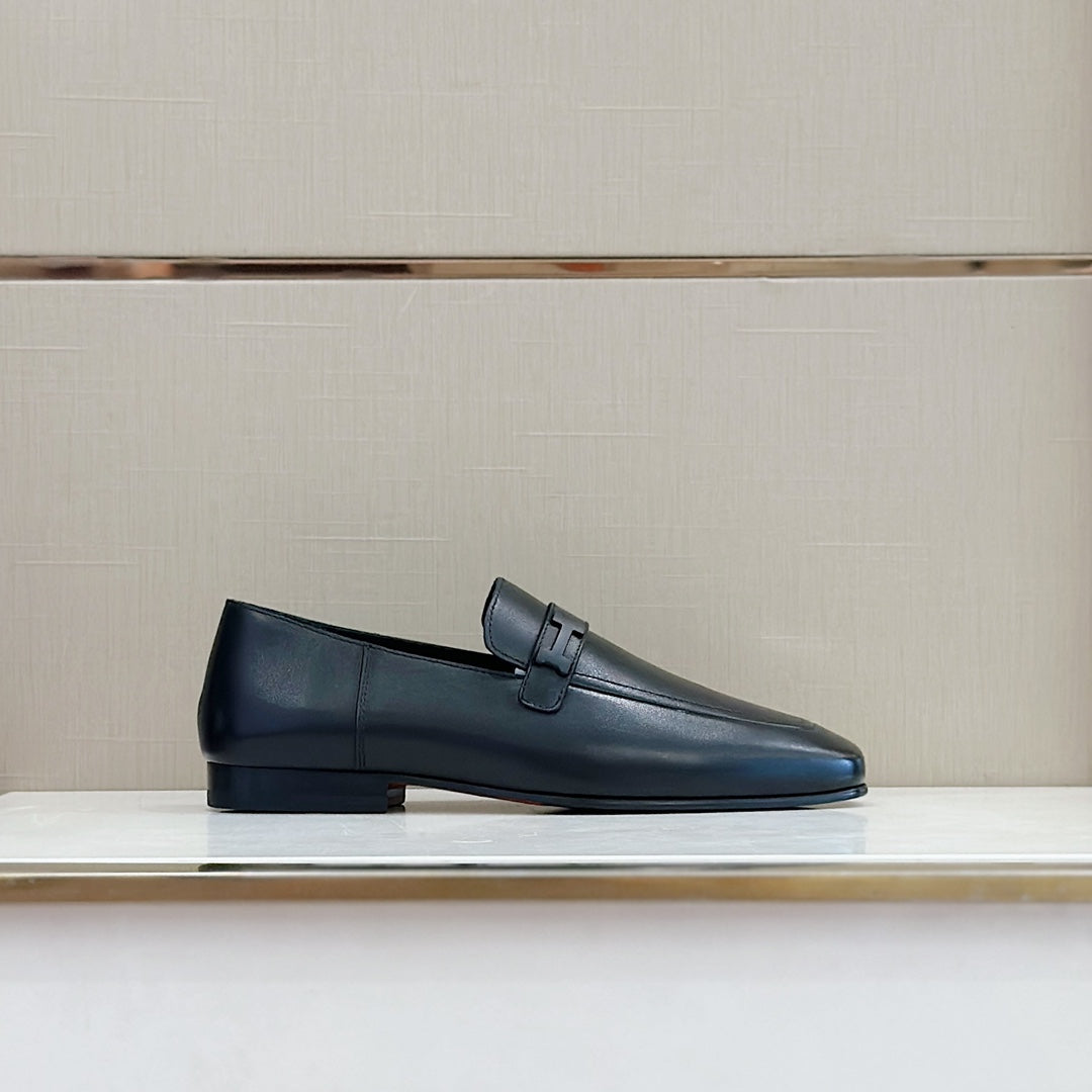 Hermès Loafers – Double H Buckle, Handmade Genuine Leather Sole, Elegant Gentleman Style